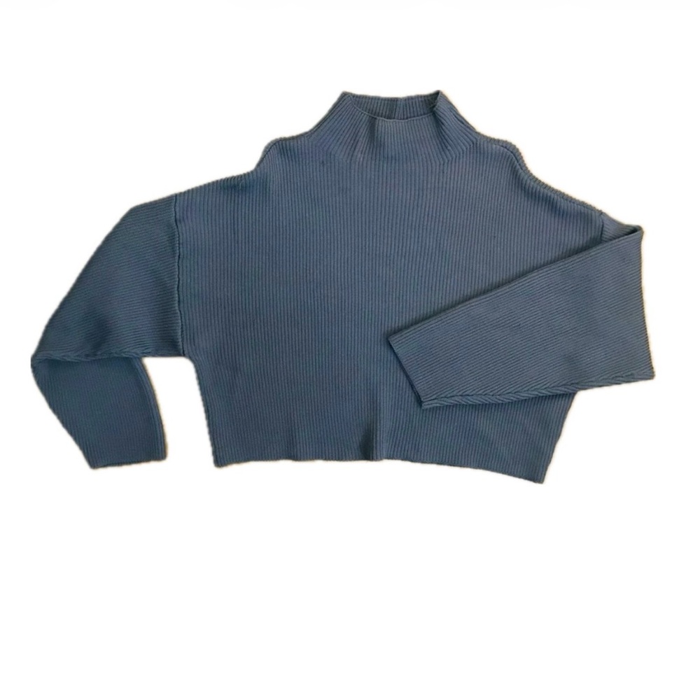 Zara Blue Gray Cropped Funnel Neck Drop Shoulder Sweater